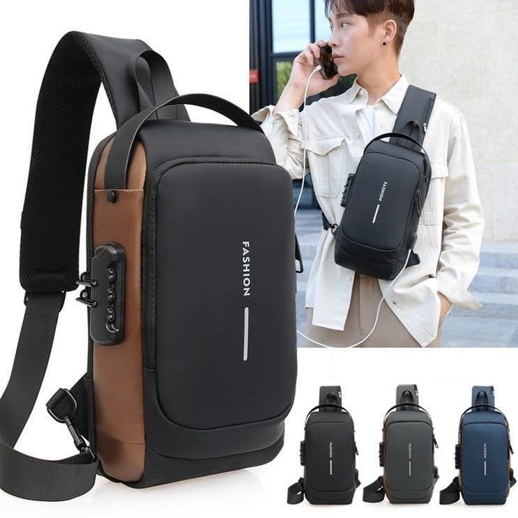 Bolsa Masculina Pochete Transversal Cadeado Ombro Impermeável Tecido Liso Antifurto Bolsa De Peito