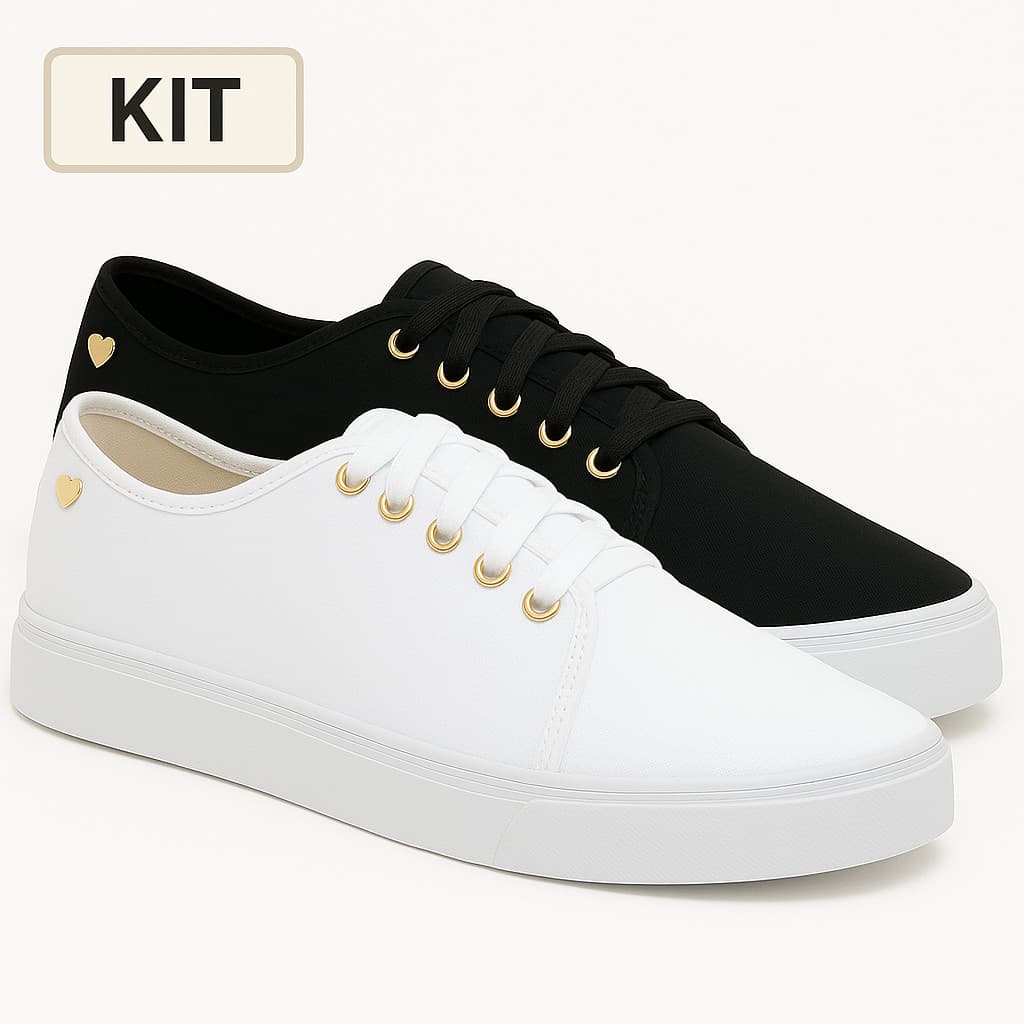Kit 2 Tênis Feminino Ping Coração Branco Preto Casual Confortável Slip On