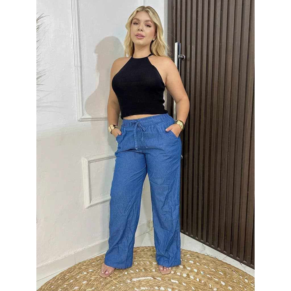 Calça Pantalona Feminina Cintura Alta Com Elástico E Cordão Ajustável Caimento Leve Confortável Top