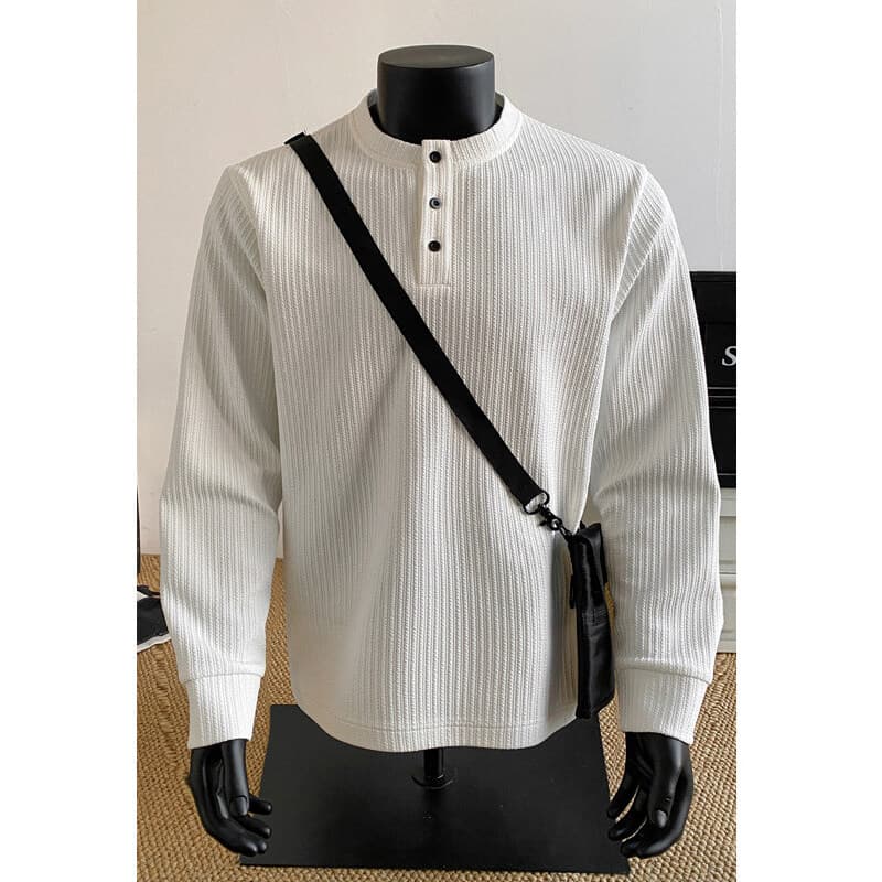 Texturizado Henry colarinho de manga comprida camiseta masculina primavera outono americano cleanfit solto camisa de fun