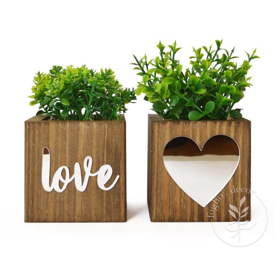 Kit 2 Vasinhos Decorativos Com Palavras Espelhadas e Plantas Artificiais Inclusas - Love e Coração