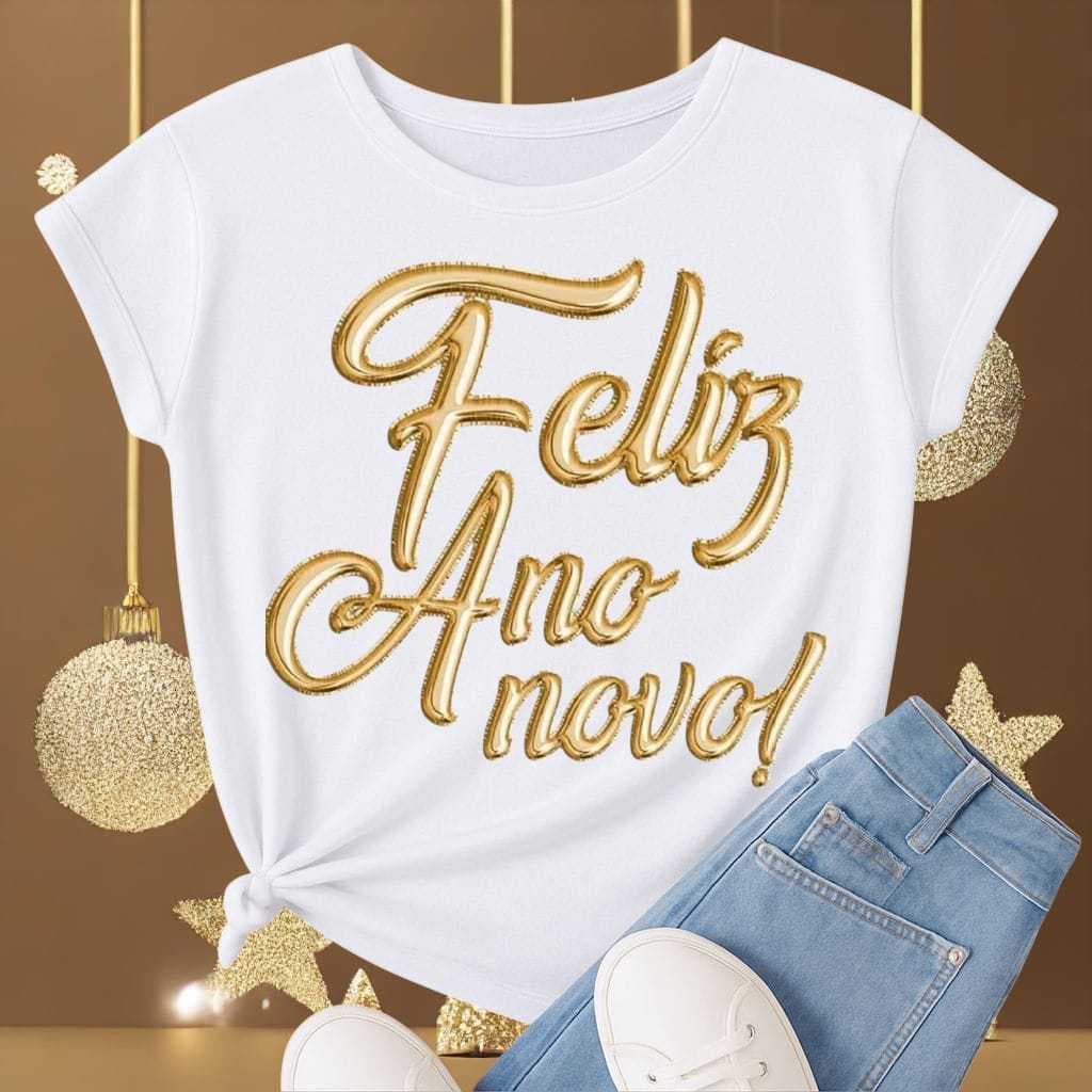 Camiseta Feminina Ano Novo 2026 Branca | Malha Poliéster Fiado | Tamanhos M G GG
