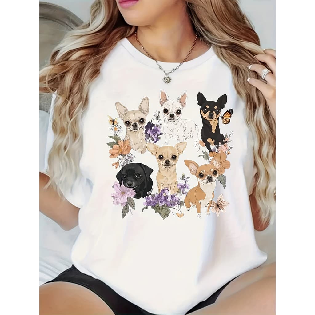 Camiseta Feminina Plus Size Chihuahua Cachorro de Estimação Floral Estampa Vibrante Estilosa Casual
