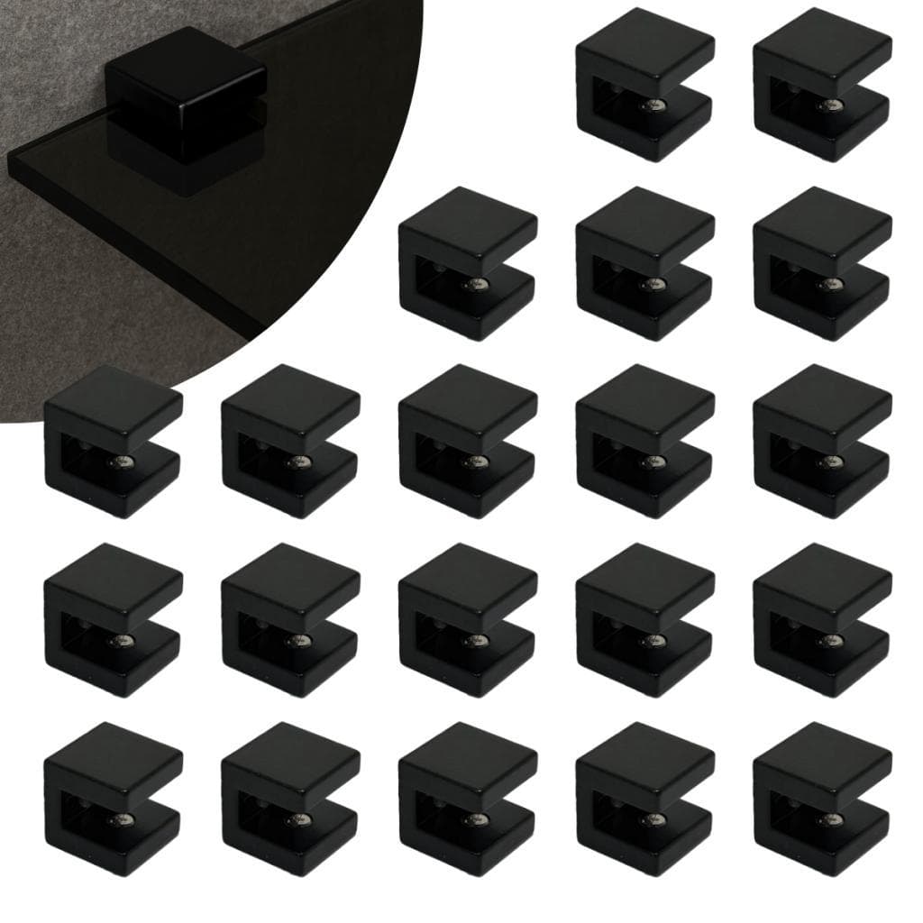 Kit 20 Suportes Fenda Quadrado 1 Furo Para Prateleira de Vidro 6mm em Zamac Preto Pintura Eletrostática Automotiva