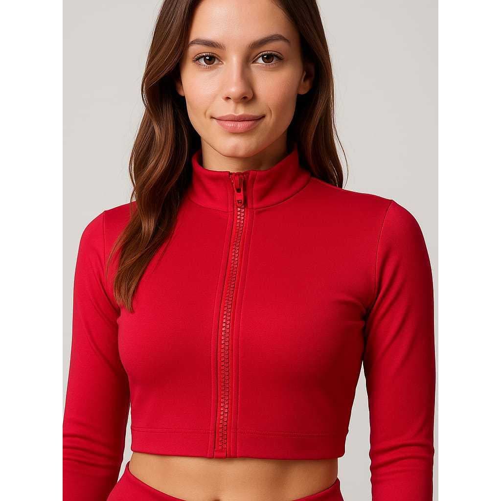 Cropped Feminino Manga Longa Moda Academia Com Zíper Reforçado Vermelho Fitnes