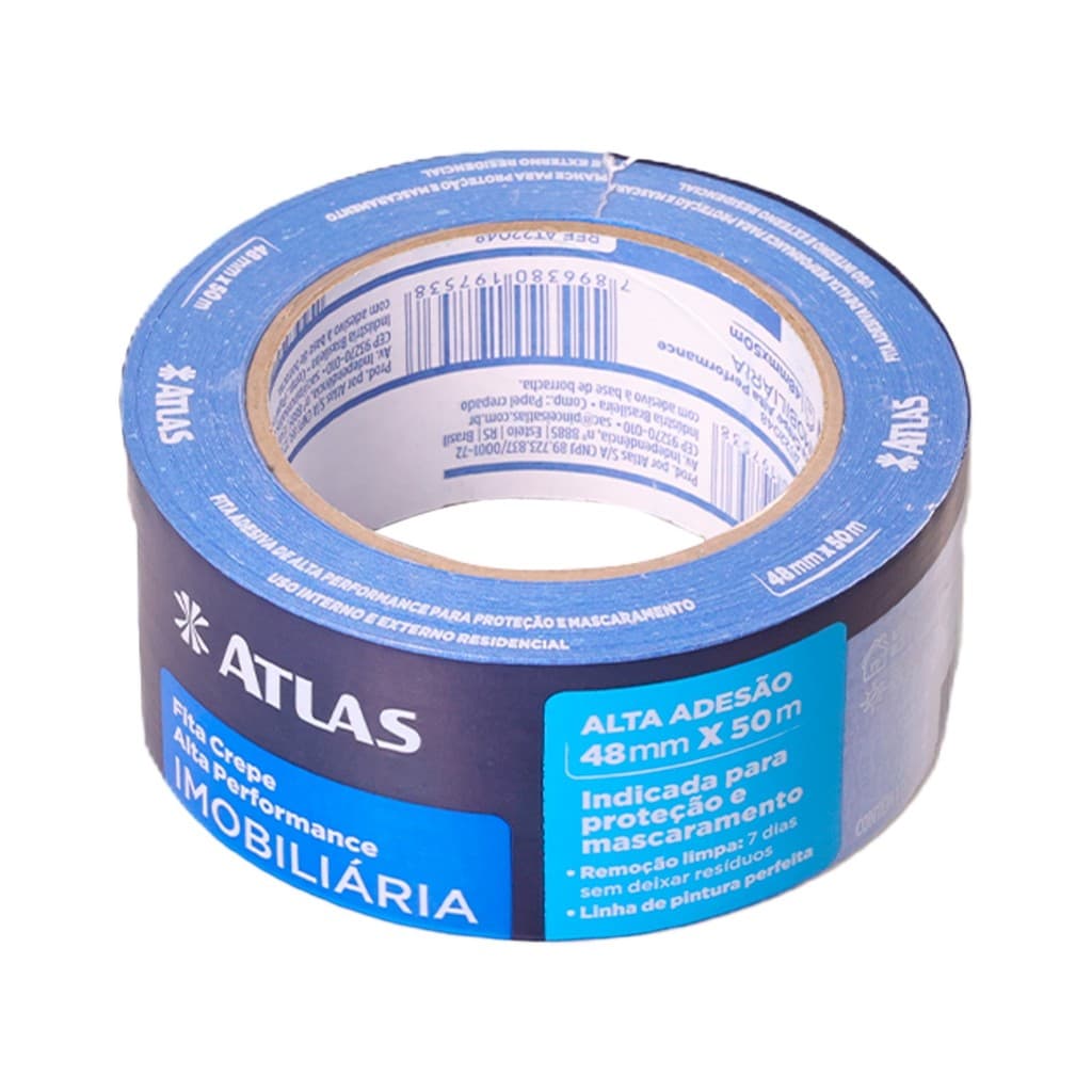 Fita Crepe Imobiliária 48mm x 50m Atlas Larga Azul Pintura Profissional Grossa Parede Grande Anti UV