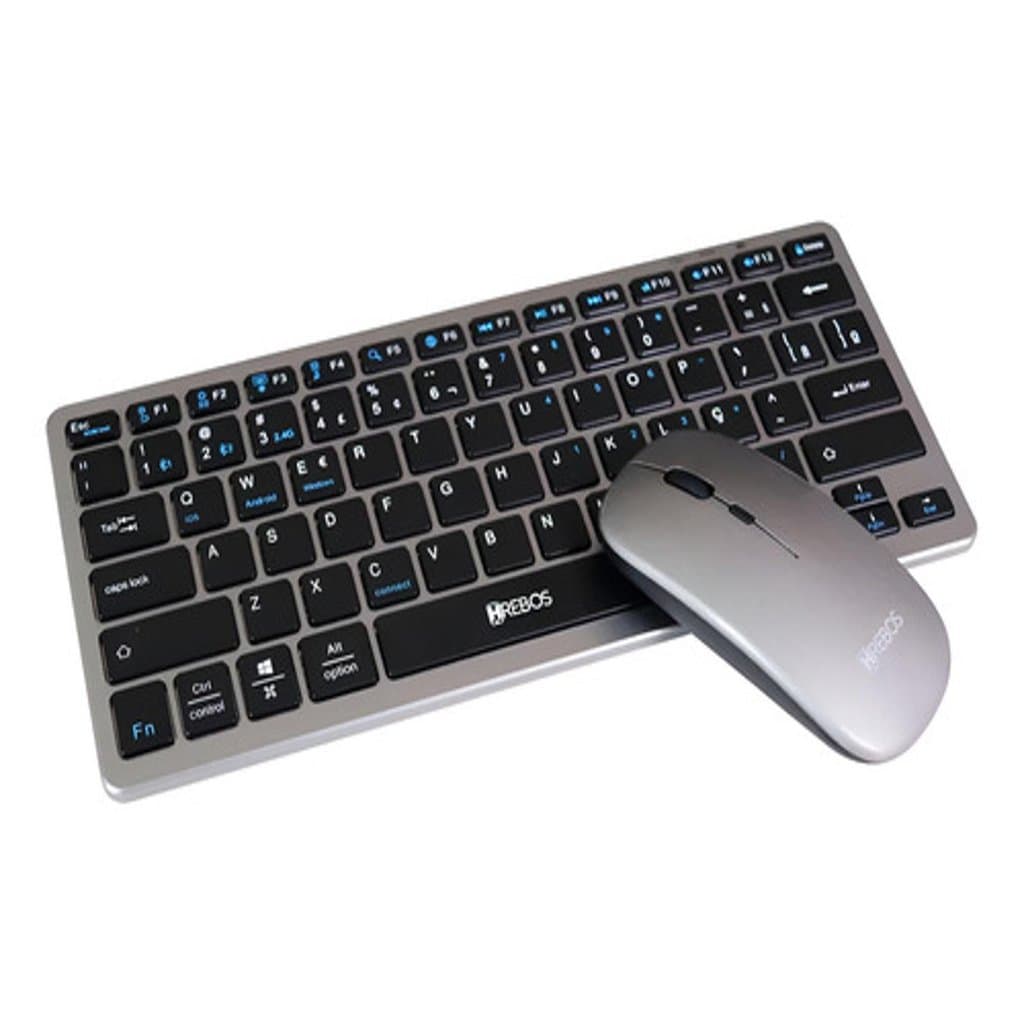 Kit Mouse E Teclado Wireless Sem Fio Slim Bluetooth Hrebos - Preto Com Prata - Preto Com Prata