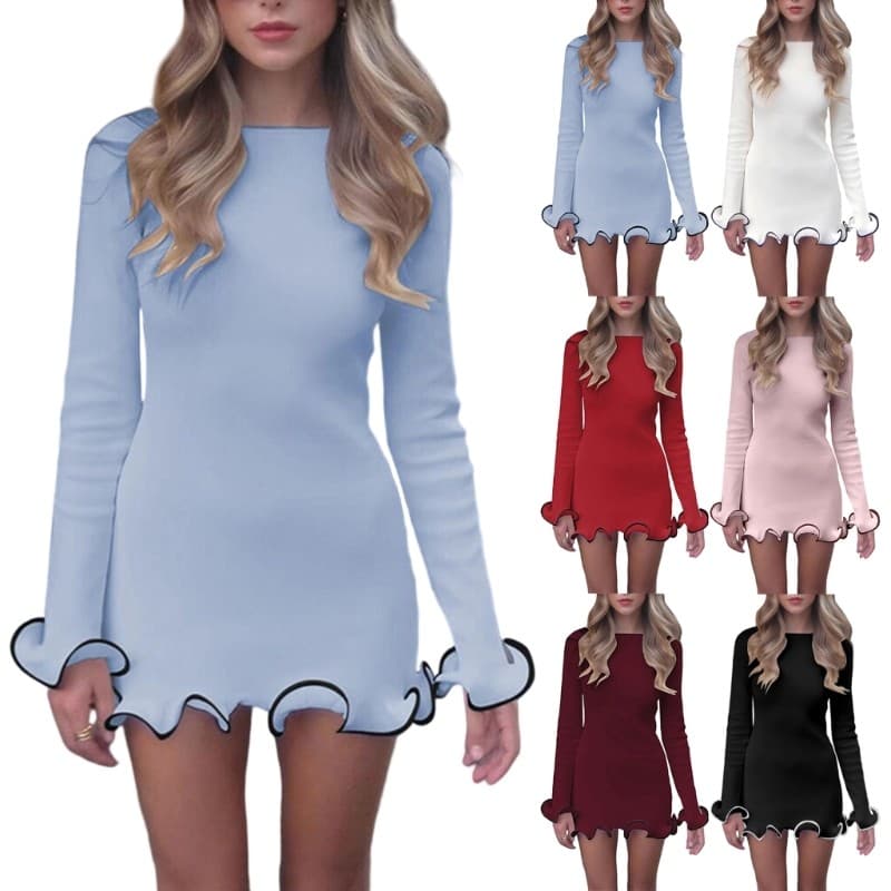 Melhor Vestido Feminino Curto De Malha De Manga Comprida Slim Fit