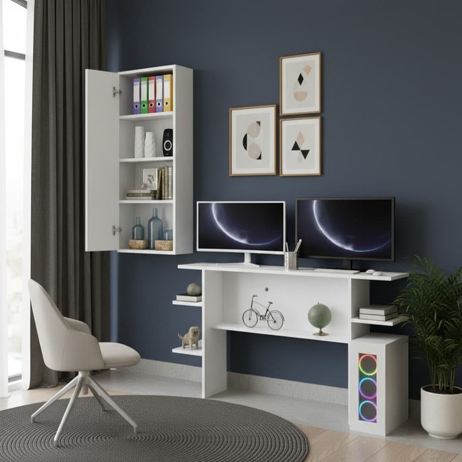 Conjunto de Mesa Escrivaninha Gamer + Armário Suspenso com 4 Prateleiras Organizadoras e 1 Porta