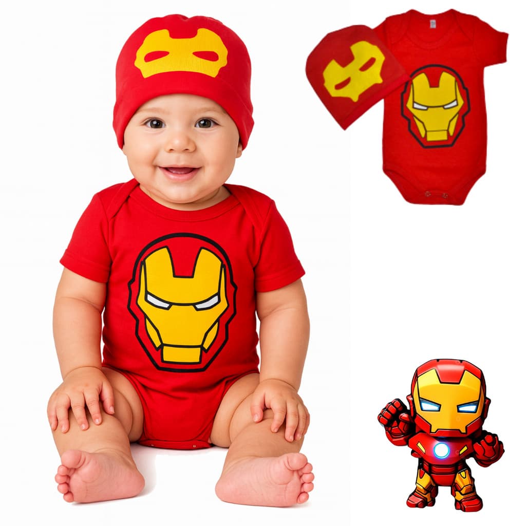 Body Bebê Infantil Menino Mêsversário Temático De Heroi - Homem De Ferro - Linha Premium