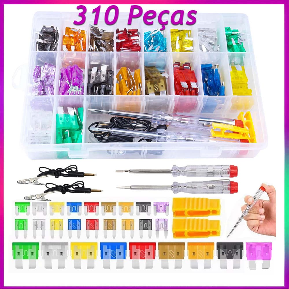 Kit de Fusíveis Automotivo 310 Peças 9 Modelos, 2A a 35A Caixa Organizadora  Extrator Incluído