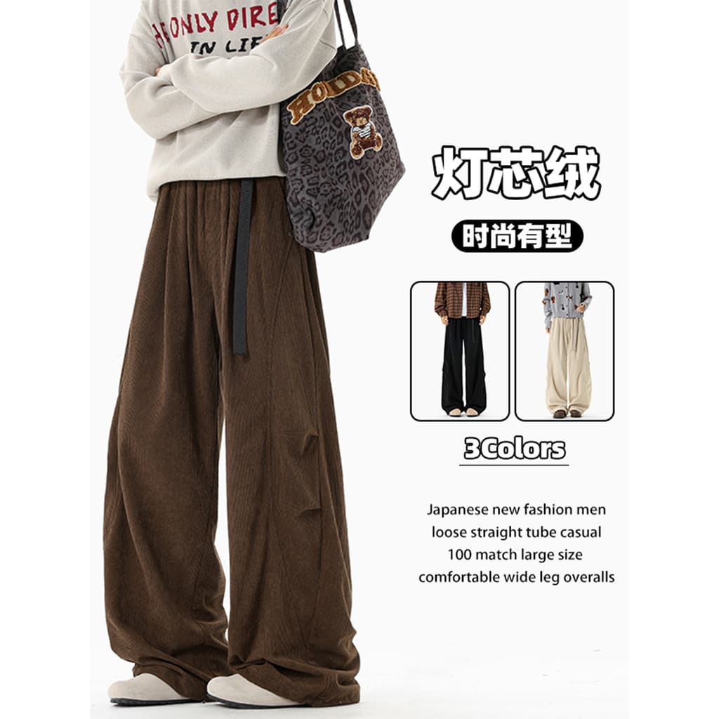 Calças casuais de veludo plissado masculino primavera outono japonês Retro cityboy solto em linha reta calças de perna l