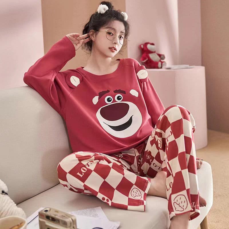 Pijamas femininos primavera outono manga comprida terno de duas peças outono inverno estilo simples bonito senhoras estu