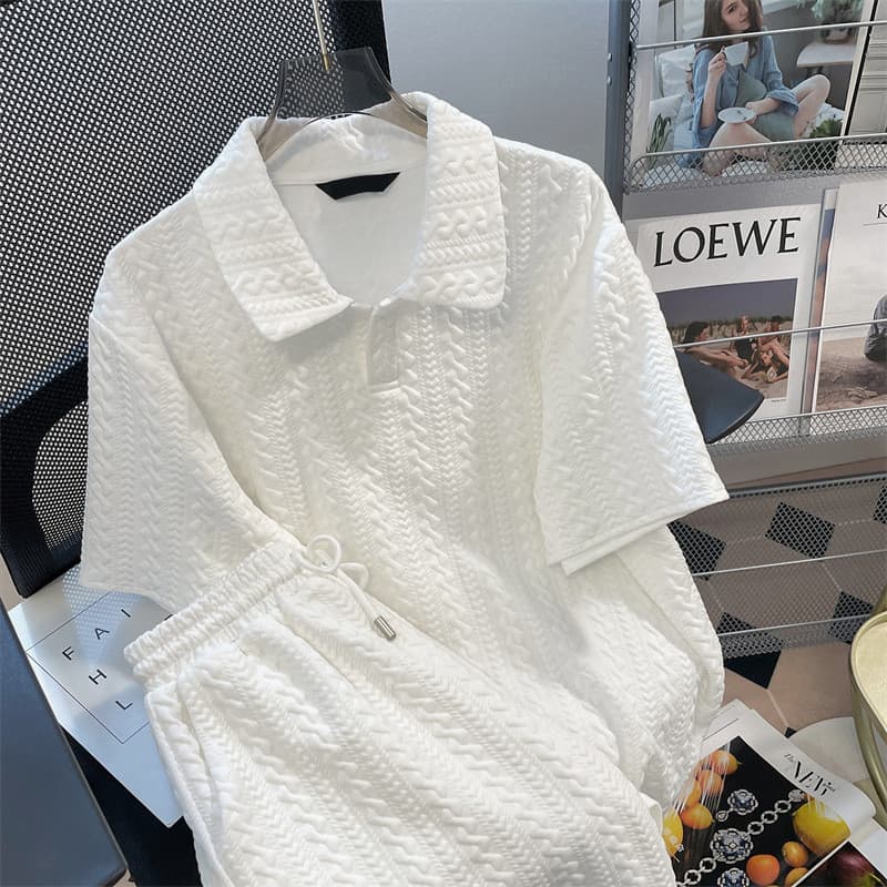 Design nicho Waffle terno camisa polo Shorts feminino ver茫o solto estilo Hong Kong terno de duas pe莽as de manga curta ca