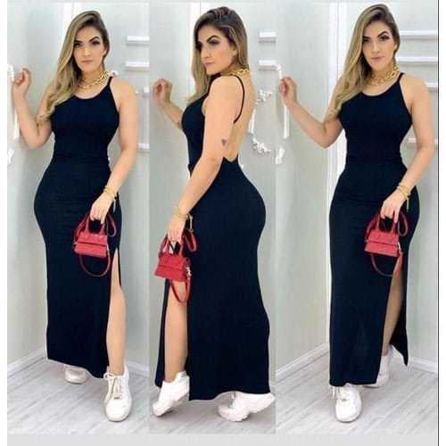 vestido feminino longo TUBINHO com fenda costa nua e com bojo CANELADO VERÃO