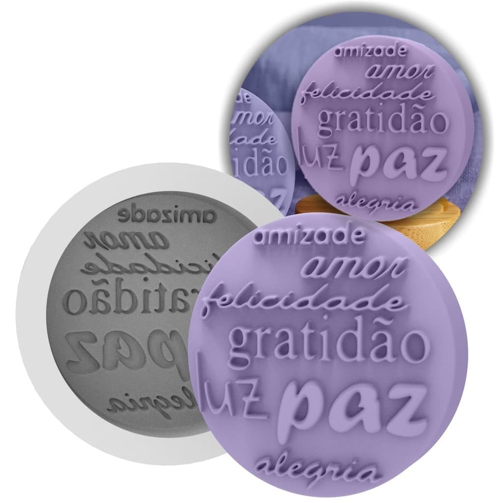 Forma de Silicone Redondo Paz, Amor, Felicidades, Gratidão, Luz, Paz e Alegria | Sabonetes, Lembrancinhas