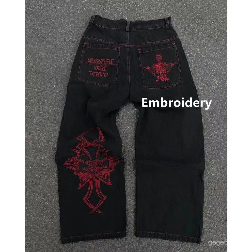 Calças Jeans Y2K Masculinas Hip Hop Retro com Caveira Bordada, Calças Lavadas Largas, Novas, de Perna Larga, Casuais e R