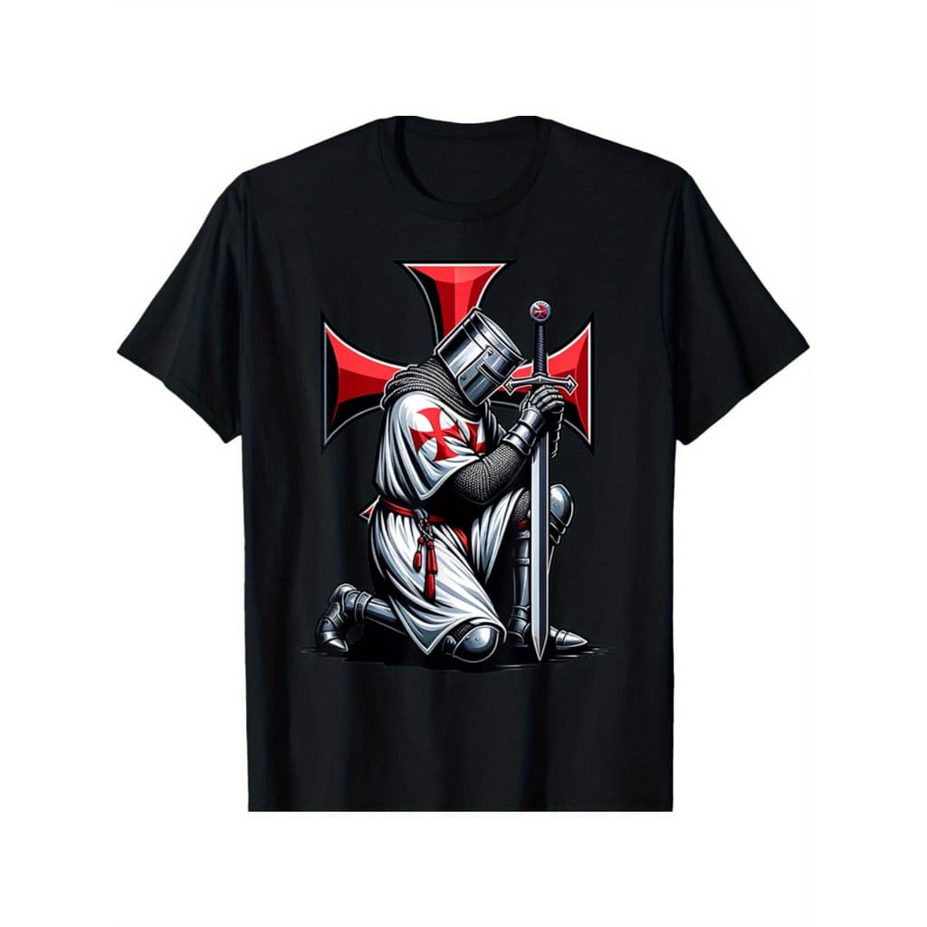 Camiseta Masculina Plus Size Em Puro Algodão Com Estampa Vintage Da Cruz Vermelha Em Oração Templária