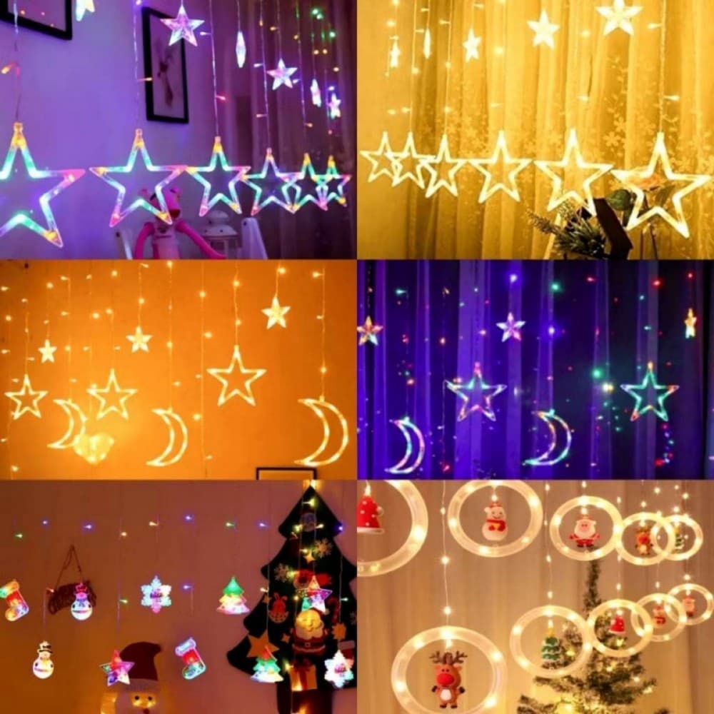 Cortina de Luz LED para Natal - Enfeite com Estrela, Lua, Neve e Papai Noel | Iluminação Decorativa