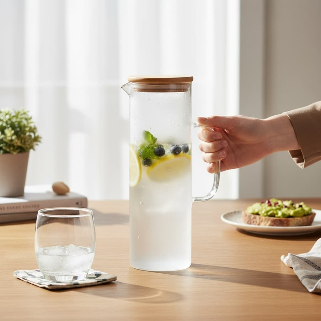 Jarra Vidro Borossilicato C/ Alça Tampa Bambu 1,5l Suco Água Transparente