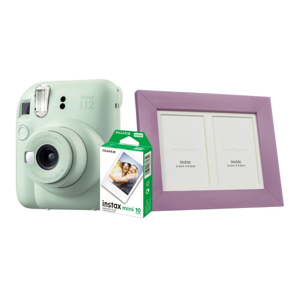 Kit Instax Mini 12 Verde Menta + 10 FT + 5 Porta Retrato Lilás