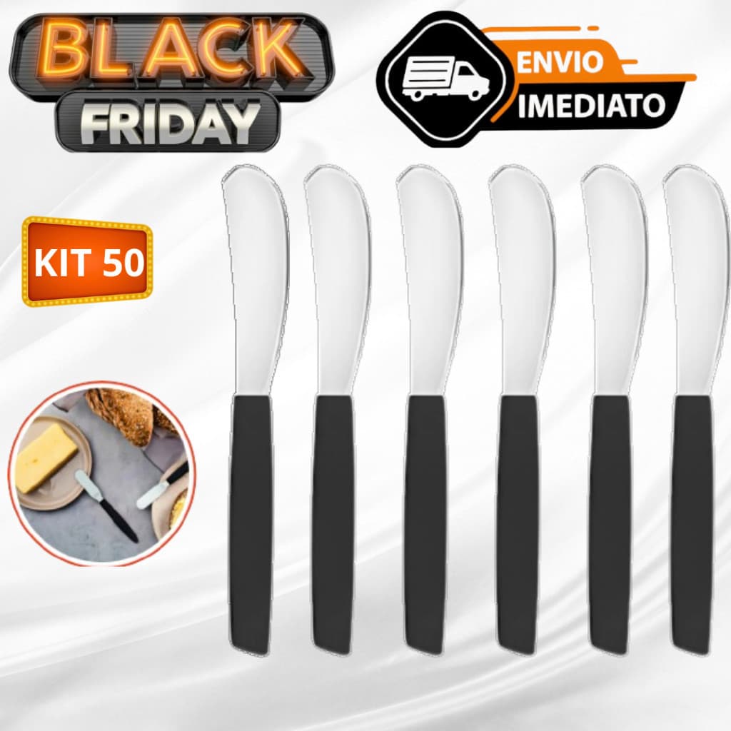 KIT 50 Espátula em Inox Cabo de Plástico Para Manteiga Geleias Doces Mel Pães Torradas Utensílio Cozinha Restauran preto