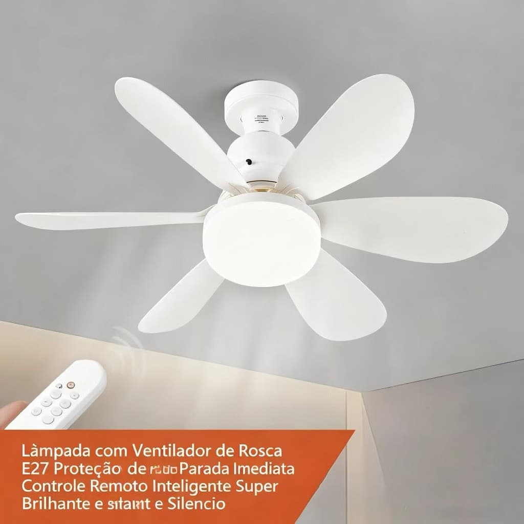 Ventilador Lâmpada De Teto LED Silencioso, Moderno e com Controle Remoto,6 Hélices, Bivolt,Prática Instalação E27