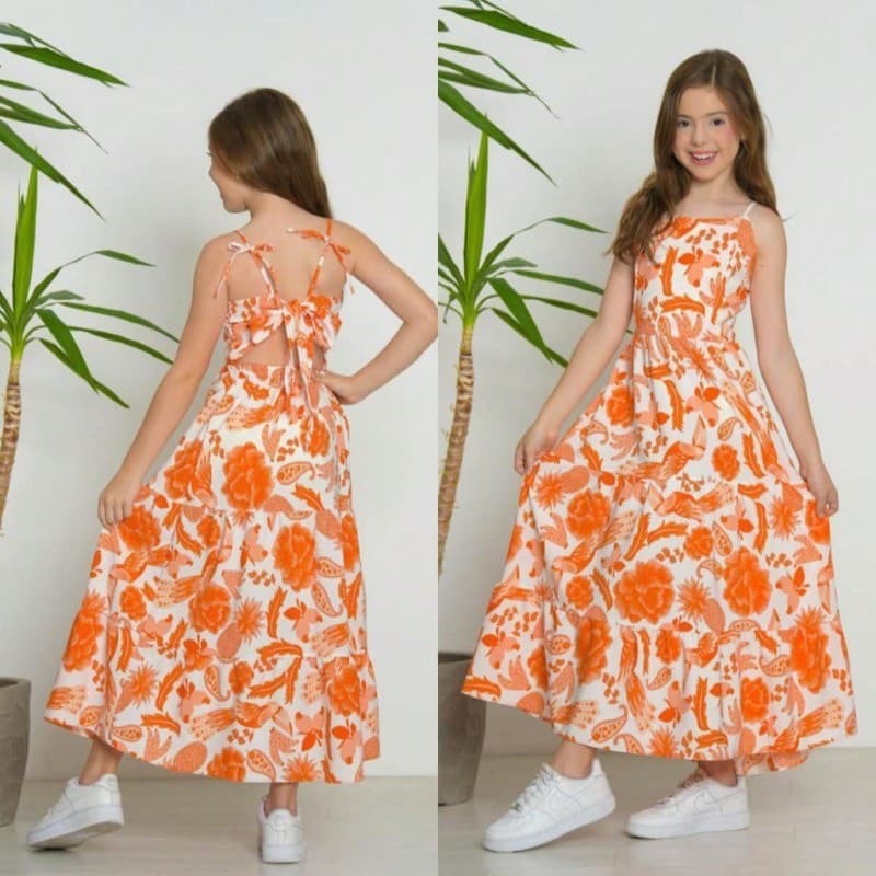 Krica Kids - Vestido Longo Tropical Estampado Laço Costas 10 a 16 Anos Festa Verão Arara Pássaros