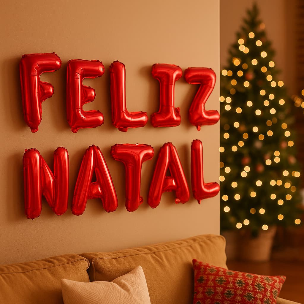 Kit Balão Letreiro Feliz Natal Vermelho Metalizado 37cm Decoração Natalina Letras Enfeite de Natal