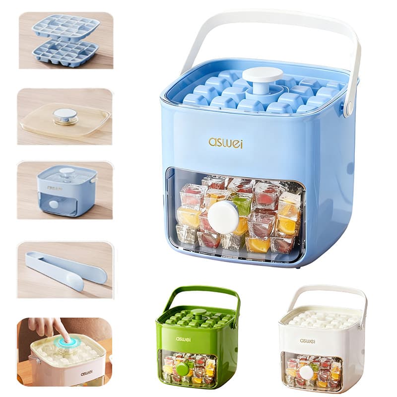 Forma de Gelo Pressionável 48 Cubos Dupla Camada com Caixa de Armazenamento Tampa e Pinça | Moldes Anti-Odor PP/TPE