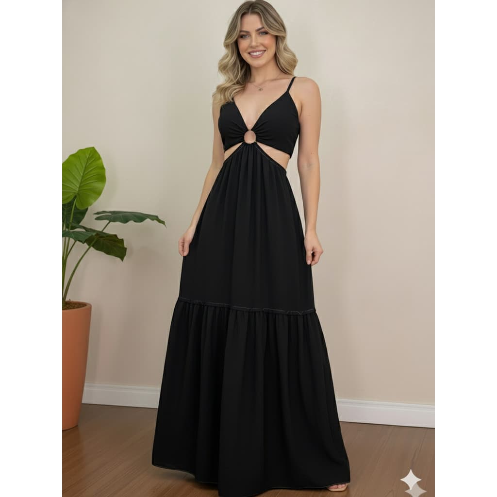 Vestido Preto Longo Feminino Crepe Argola Busto Alça Regulável Decote Costa Amarração Veste 36 ao 42