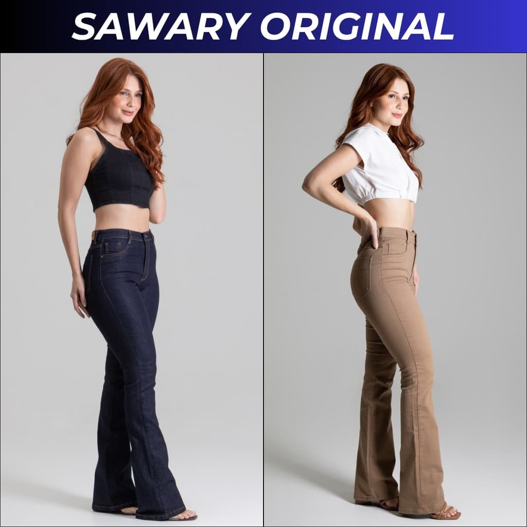 Calça Jeans Feminina Cintura Alta Sawary Original Com Lycra Elastano Flare Fler Boca Sino Brim Denim