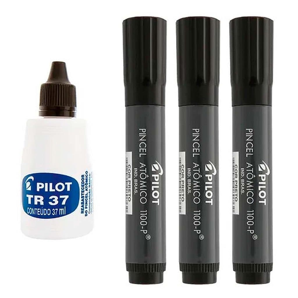 Kit 3 Pincéis atômicos recarregáveis preto 1100-P Pilot + Reabastecedor 37ml