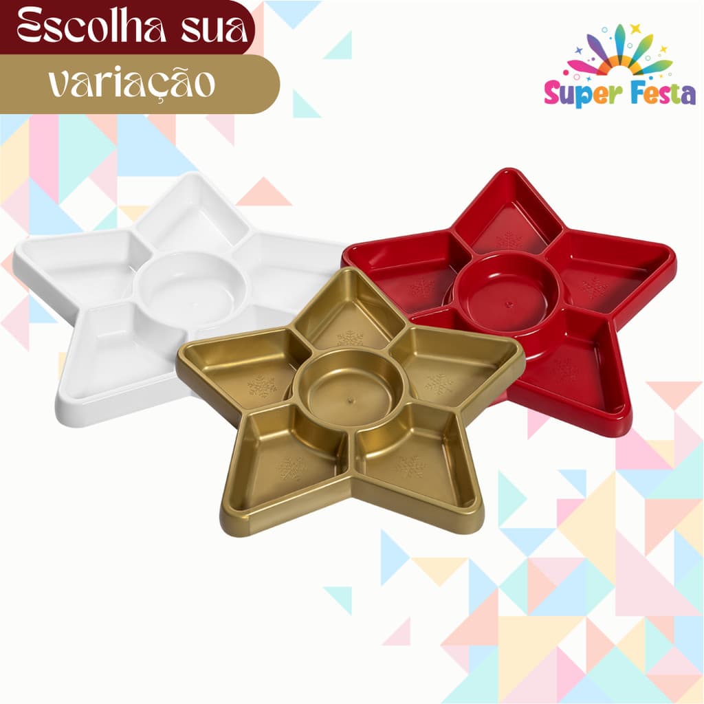 Kit 3 Petisqueiras Bandejas Natal Estrela 24cm - Diversas Cores Bandeja Natalina Lançamento