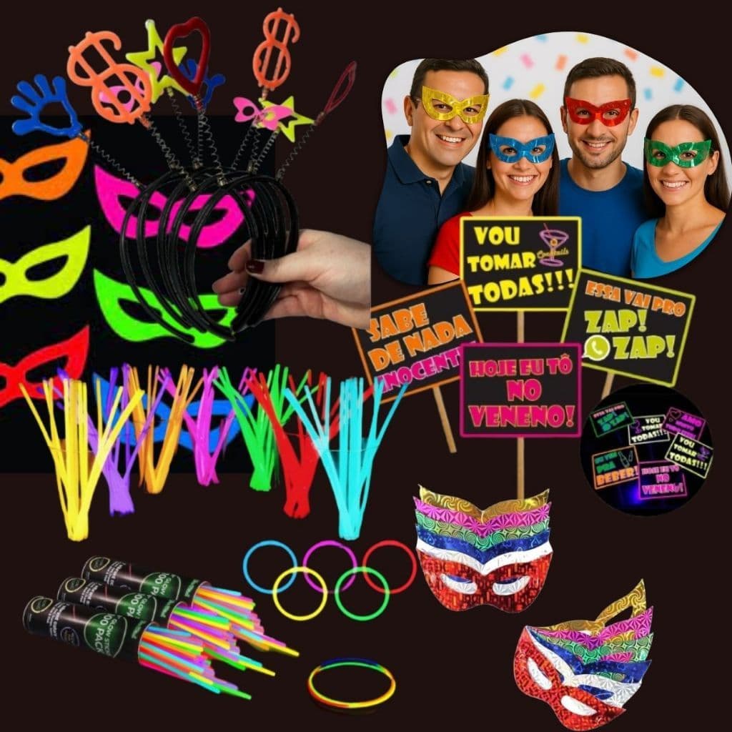 Kit Balada Festa Neon 160 pcs Aderecos Casamento Formatura Festa Pulseira Gravatas Tiara mascaras holograficas plaquinha