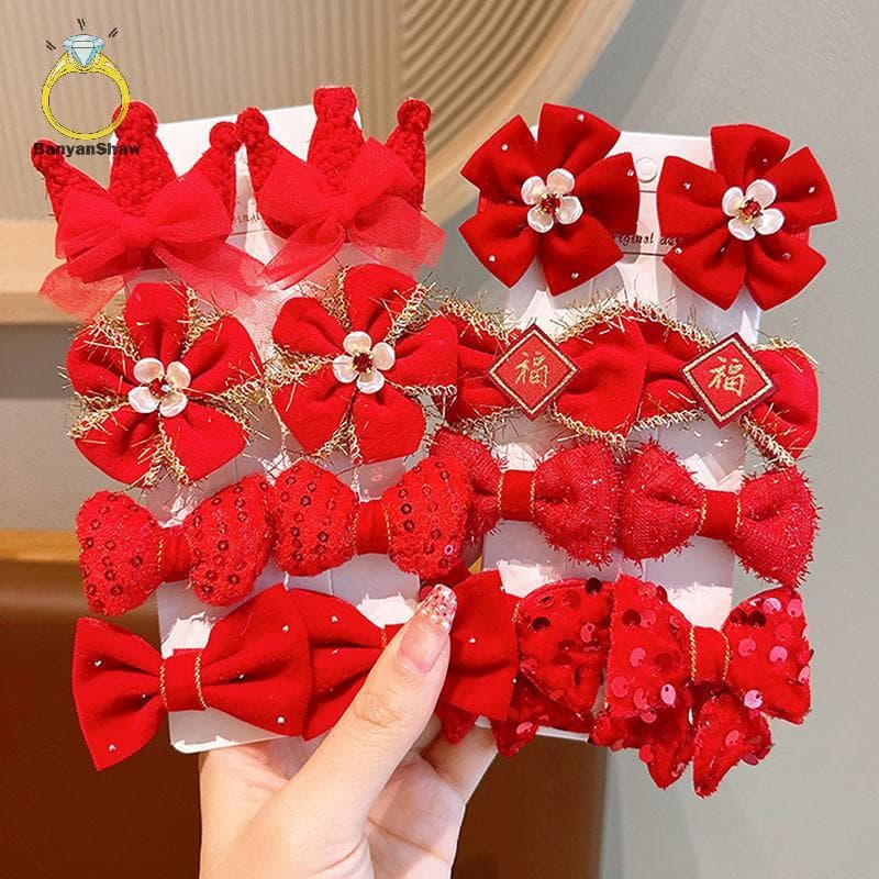 [BANY] 8 Pçs/Set Crianças Arcos Vermelhos Grampos De Cabelo Para Bebês Meninas Fita Artesanal Bowknots Presilhas Ano Nov