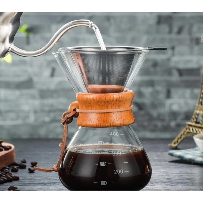 Passador de Café Vidro 350ml Inox Madeira Mimo Style