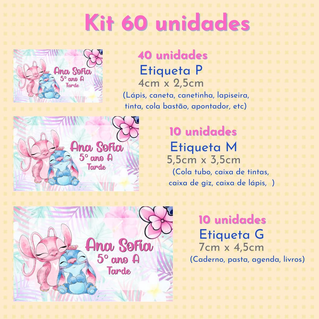Etiquetas Escolares Stitch e Angel Aquarela | Volta às Aulas | Material Escolar | Etiqueta para Lápis Caneta Caderno
