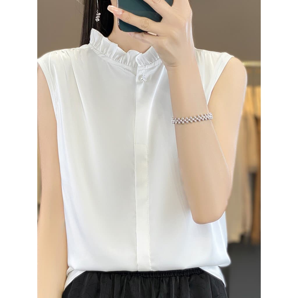 Gola de renda colete de fundo feminino fungo borda gola alta em camadas cetim sem mangas camisa Bud verão novo estilo