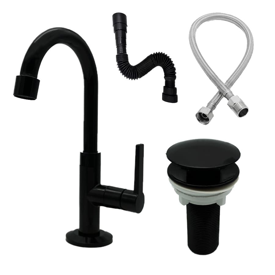 Kit Banheiro Torneira + Sifão + Válvula + Engate 40cm Preto