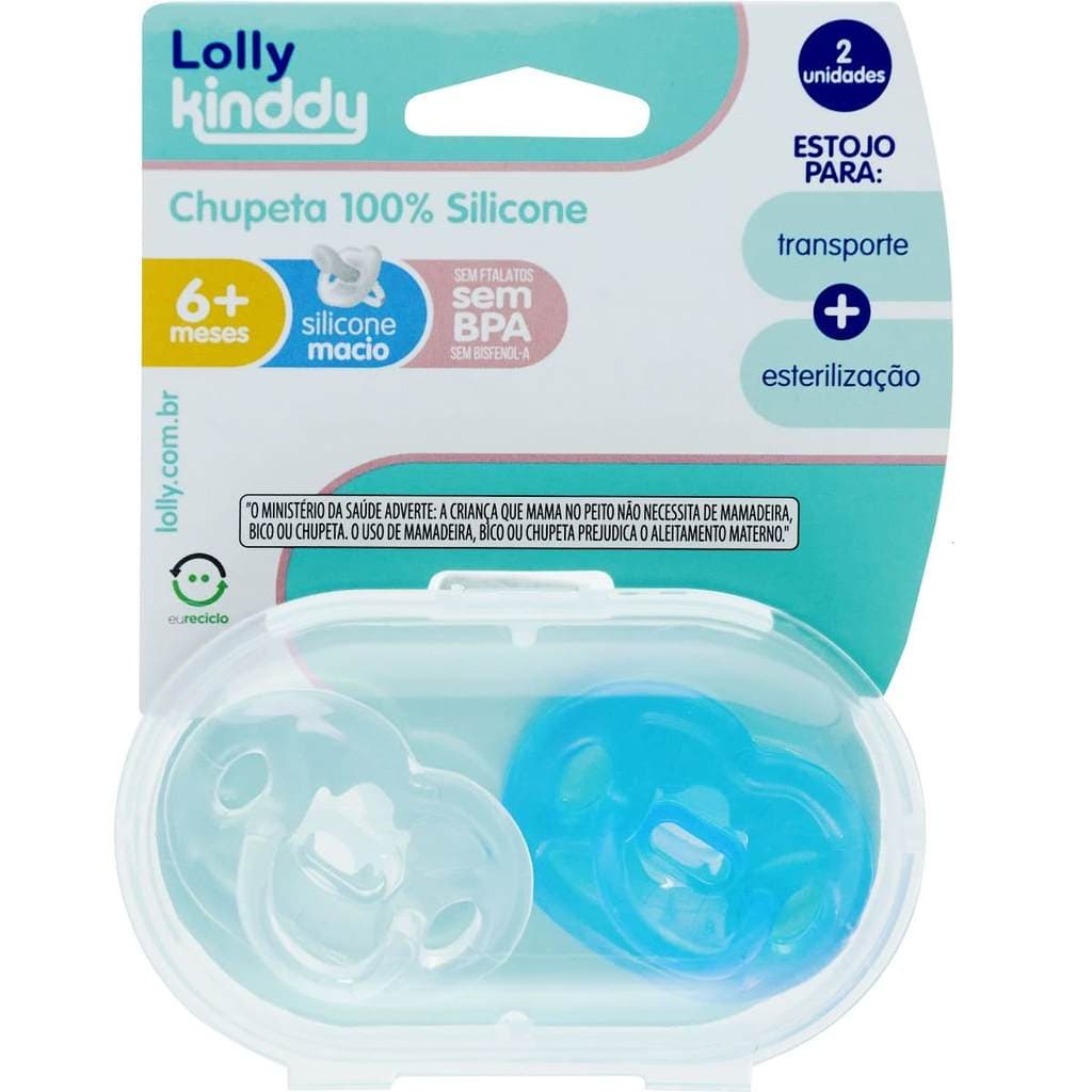 Chupeta 100% Silicone Estojo c/2 Bico Achatado T2 Lolly Azul