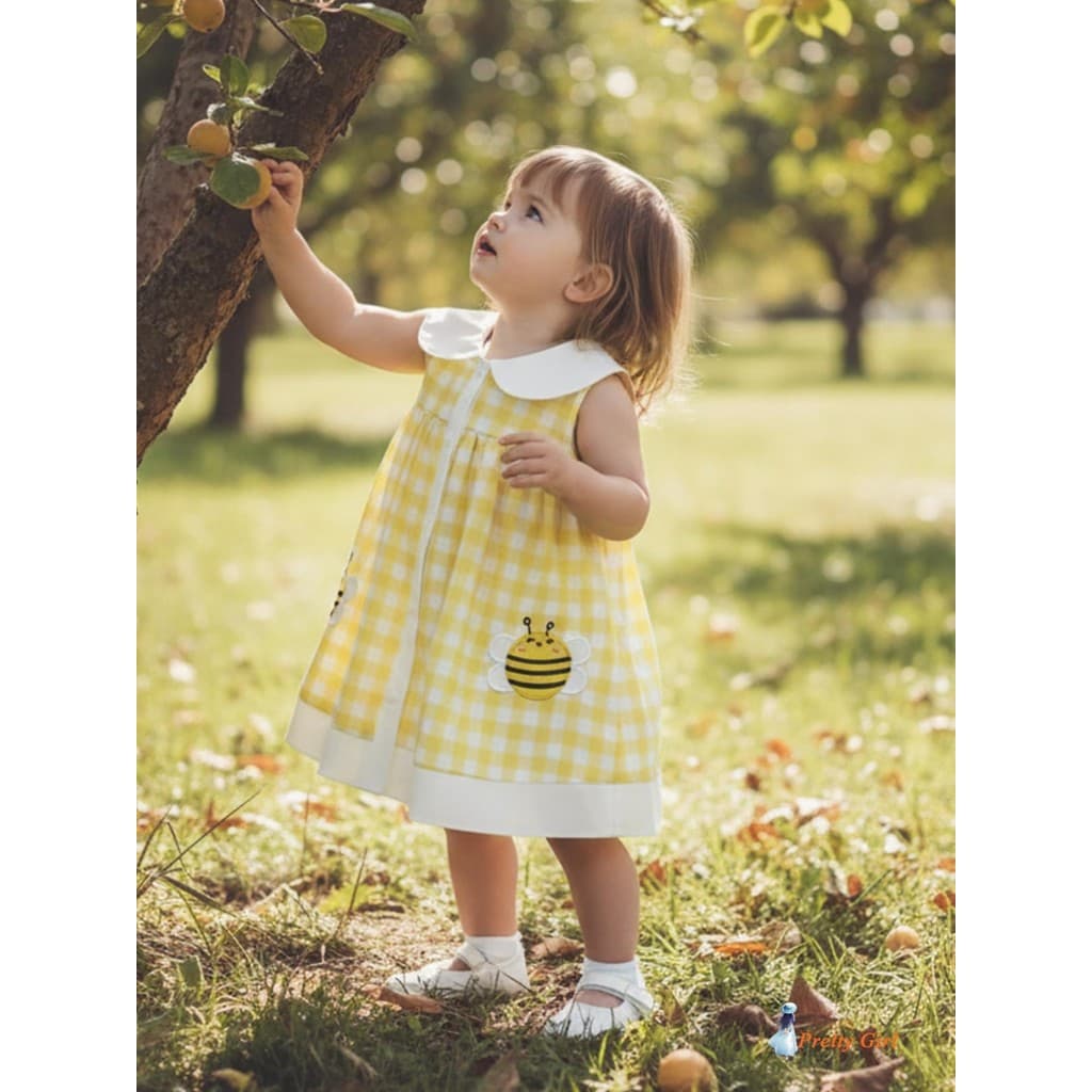Mellifluous-Toddler Girl Verão Sem Mangas Gola Boneca Abelha Bordado Vestido Linha A