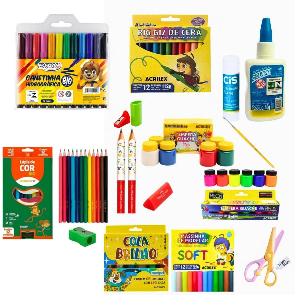 TESOURA ROSA + CANETINHA + LAPIS 12 COR  + APONTADOR BORRACHA LAPIS PRETO FABER + ARTE ACRILEX+ COLA