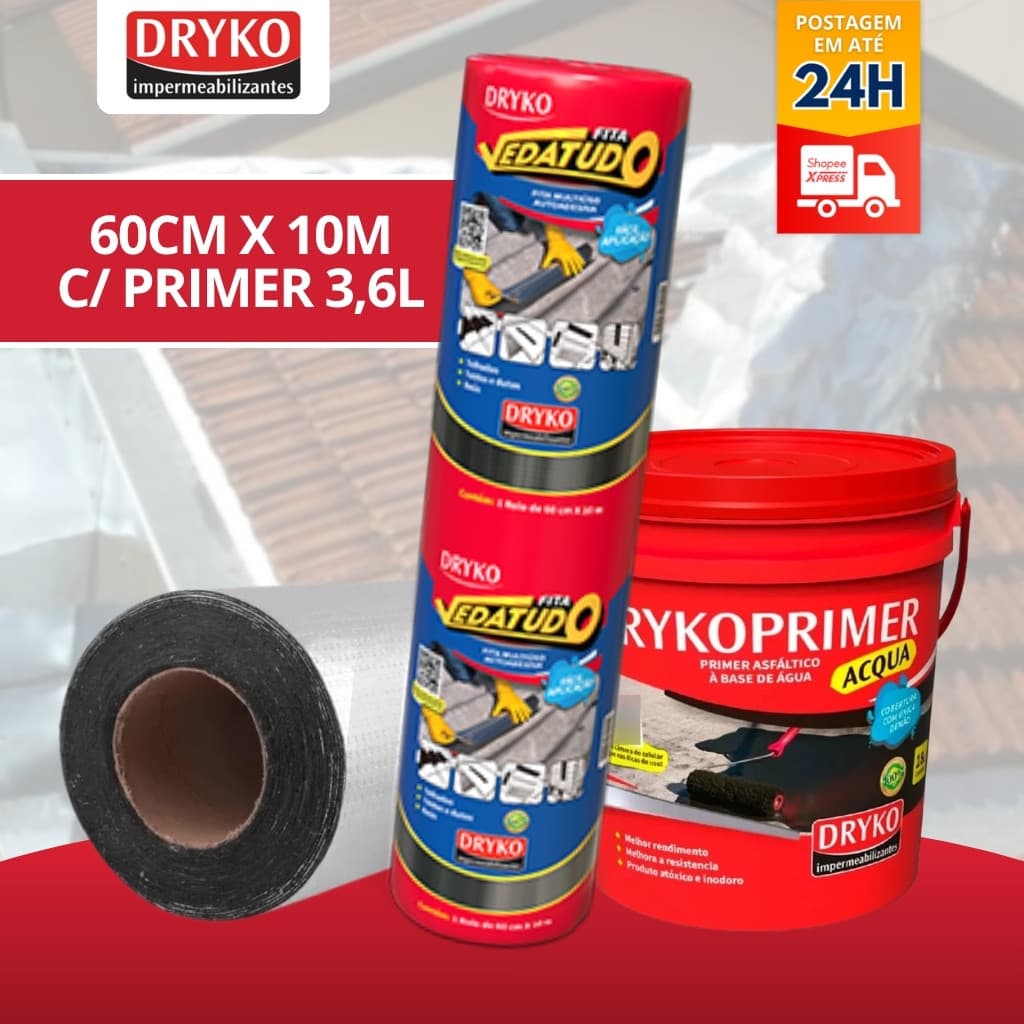 Fita Manta Asfáltica 60cm X 10m + Primer de 3,6L Fita Auto Adesiva Aluminizada - DRYKO