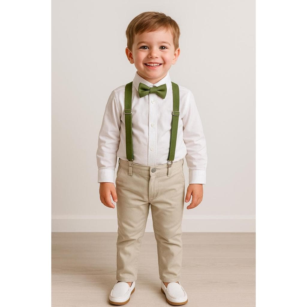 Conjunto Roupa Social Calça Nude Camisa Branca Gravata Suspensório Verde Oliva Formatura Casamento