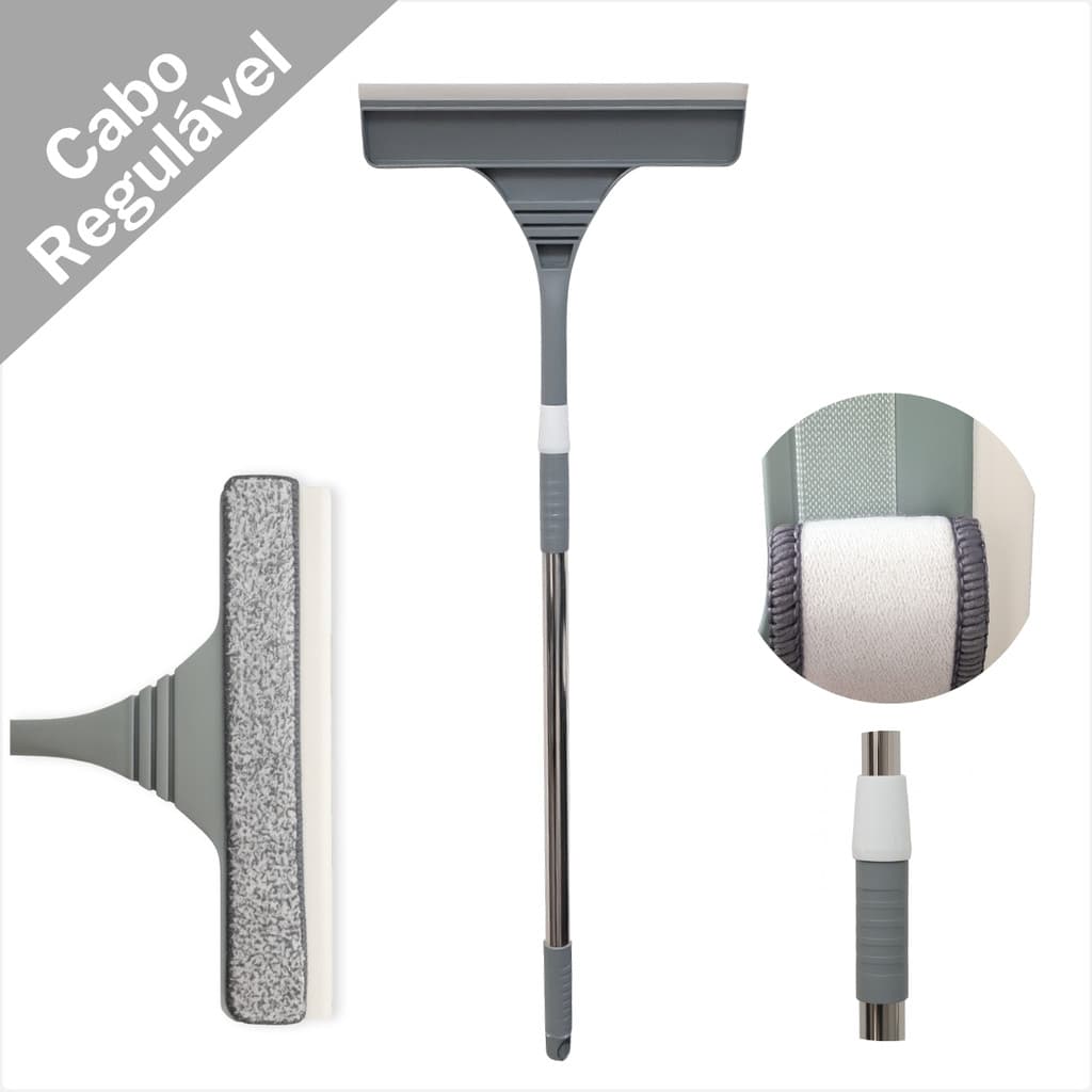 Mop 2 Em 1 Para Vidro E Janela Esfregao E Rodo Com Cabo De Aco Inox E Pano Microfibra Lavavel
