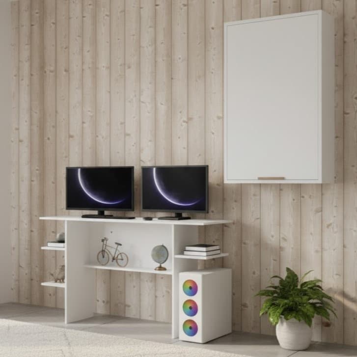 Conjunto de Mesa Gamer Escrivaninha + Armário Suspenso Multiuso com 1 Porta e 4 Prateleiras
