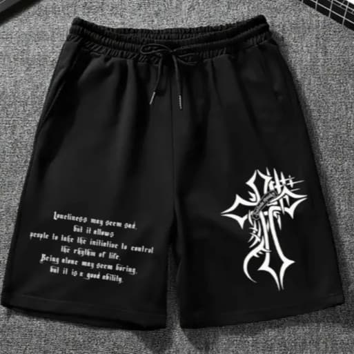 Shorts Moletom Bermuda de malha preto casual Streetwear Cruz Branca Escritas Modelo Gotico Algodão