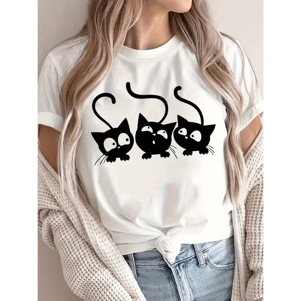 Camisa Camiseta Algodão Feminina Cat Print Gato Estampa Fofa Confortável Estilosa Casual T-shirt Premium Postagem Rapida