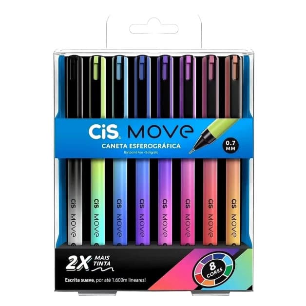 Caneta Esferográfica Ponta Fina 0,7 Estojo com 8 Cores Cis Move